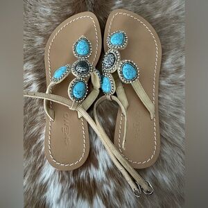SKEMO Ladies Women’s Size 7 Turquoise & Silver  Stones Cream Leather San…